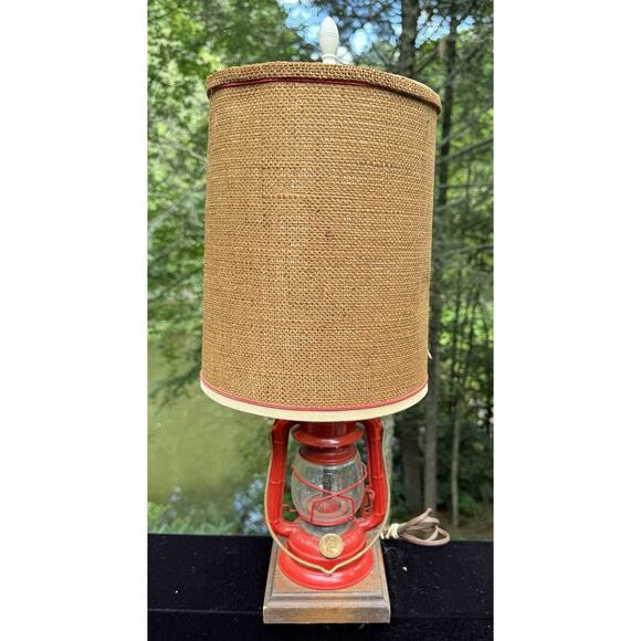 DIETZ Ranch Craft Railroad Lantern Table Lamp With Burlap Shade Works! - Picture 1 of 13